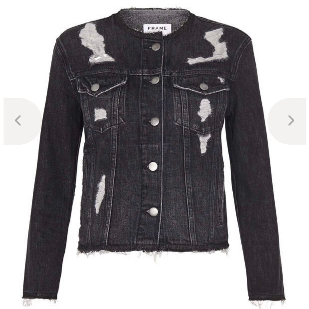 FRAME Denim Rigid Re-Release Le Jacket Raw Edge‎ Black Distressed Sz S